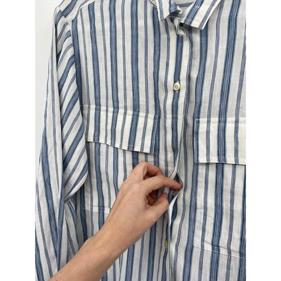 FRAME Stand Collar Striped Linen Blend Shirt In Blue XS - Picture 4 of 6